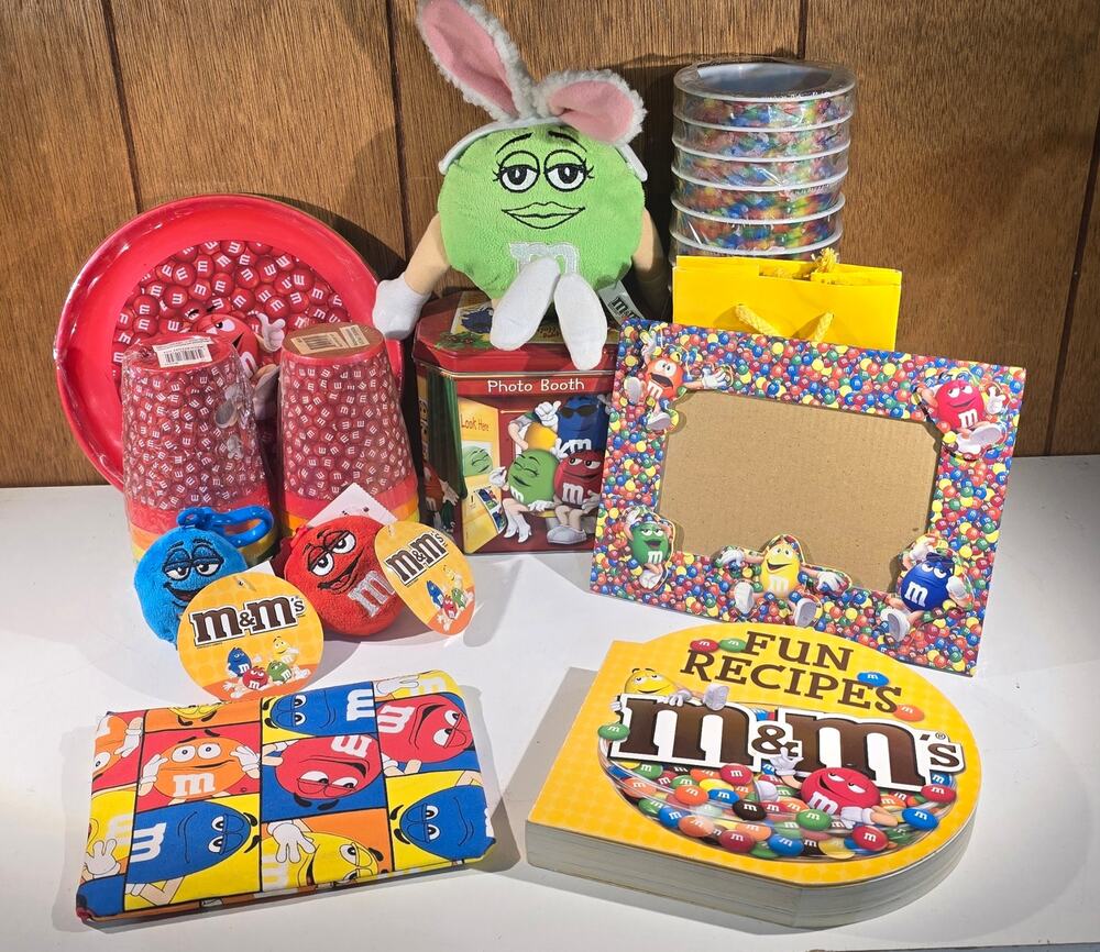 M&M's Candy Collectibles Big Lot Plush Toys Cups Plates Tin Frame Recipe Book